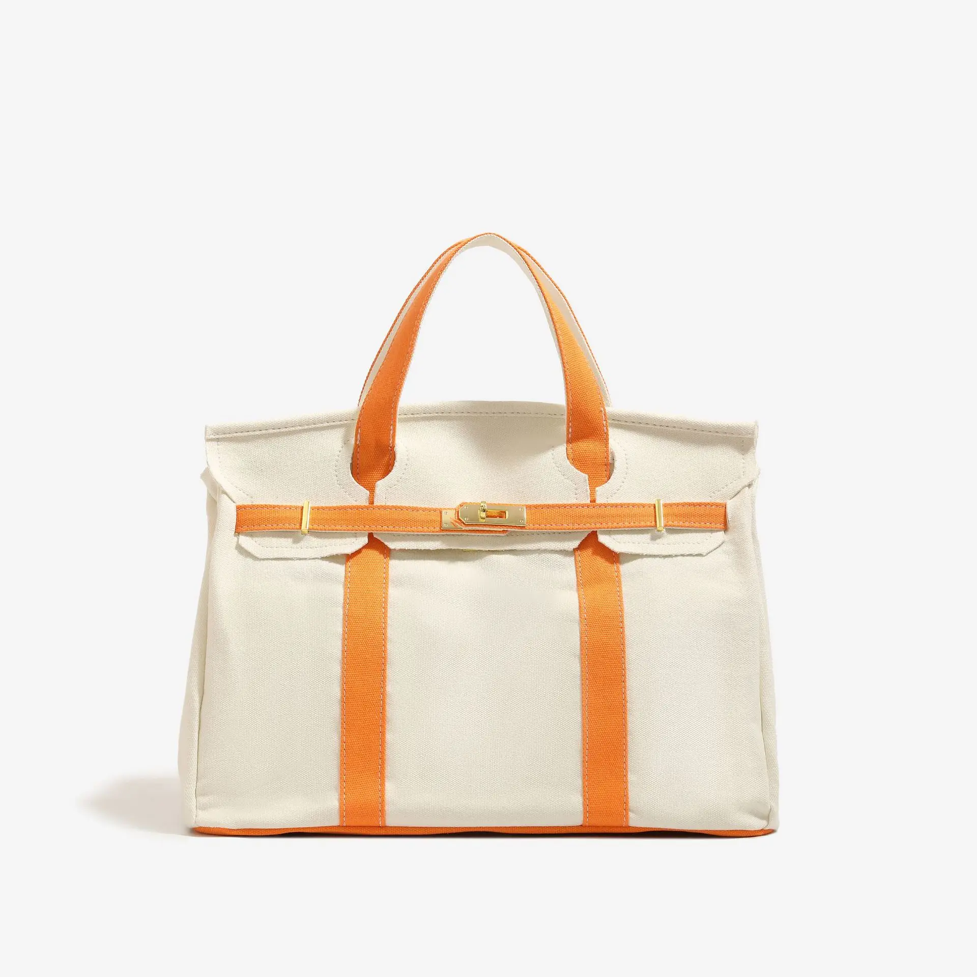Color Block Stripe Canvas Tote Bag, Large Capacity Commuter Handbag, Minimalist Horizontal Laptop Shoulder Bag