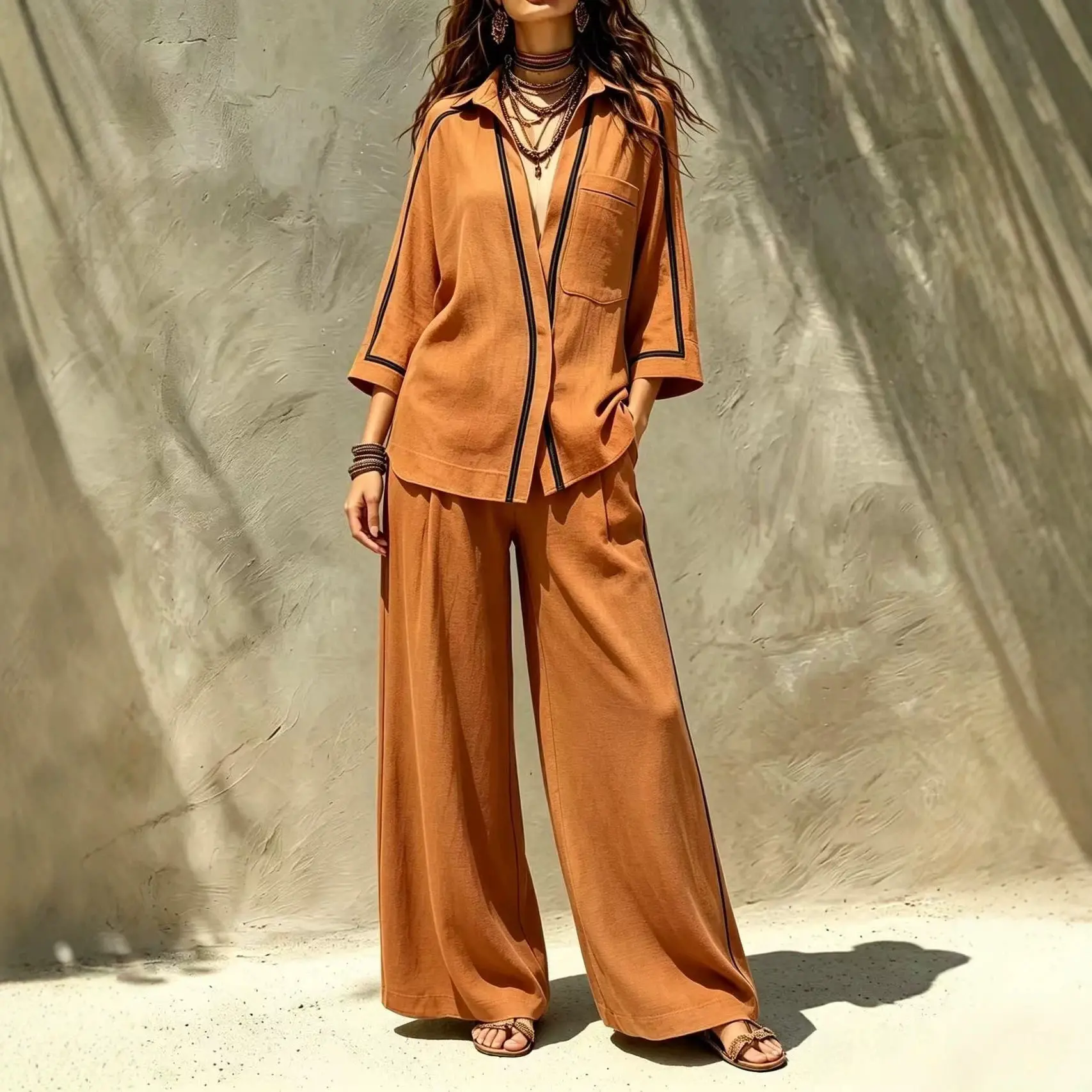 Women's Two Piece Set Contrasting Color Trimming Long Sleeve Lapel Shirt Wide Leg Pants Suit Casual Loose Vacation Outfits