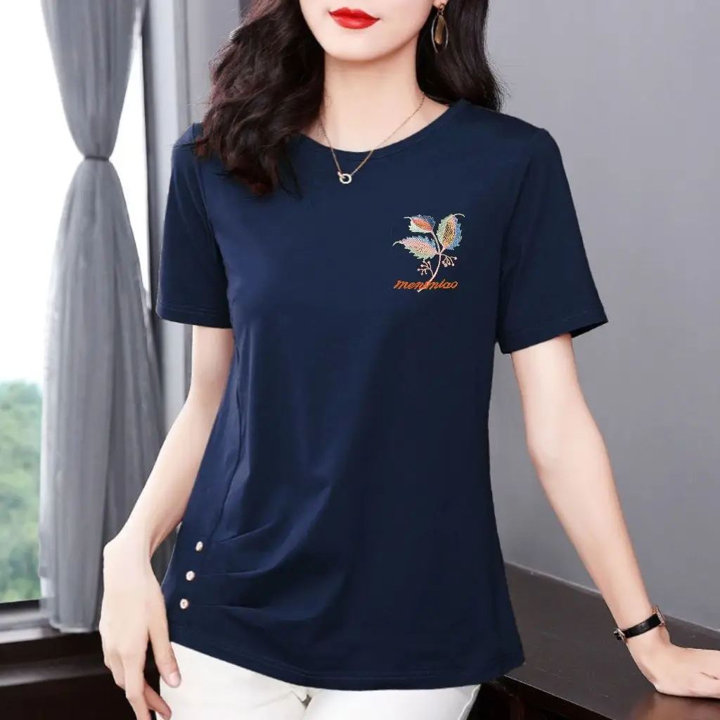 Women\'s T-shirt Round Neck Short Sleeve Summer 2023 New Cotton Simple Casual Fashion Versatile Folds Graphic Printing Tops