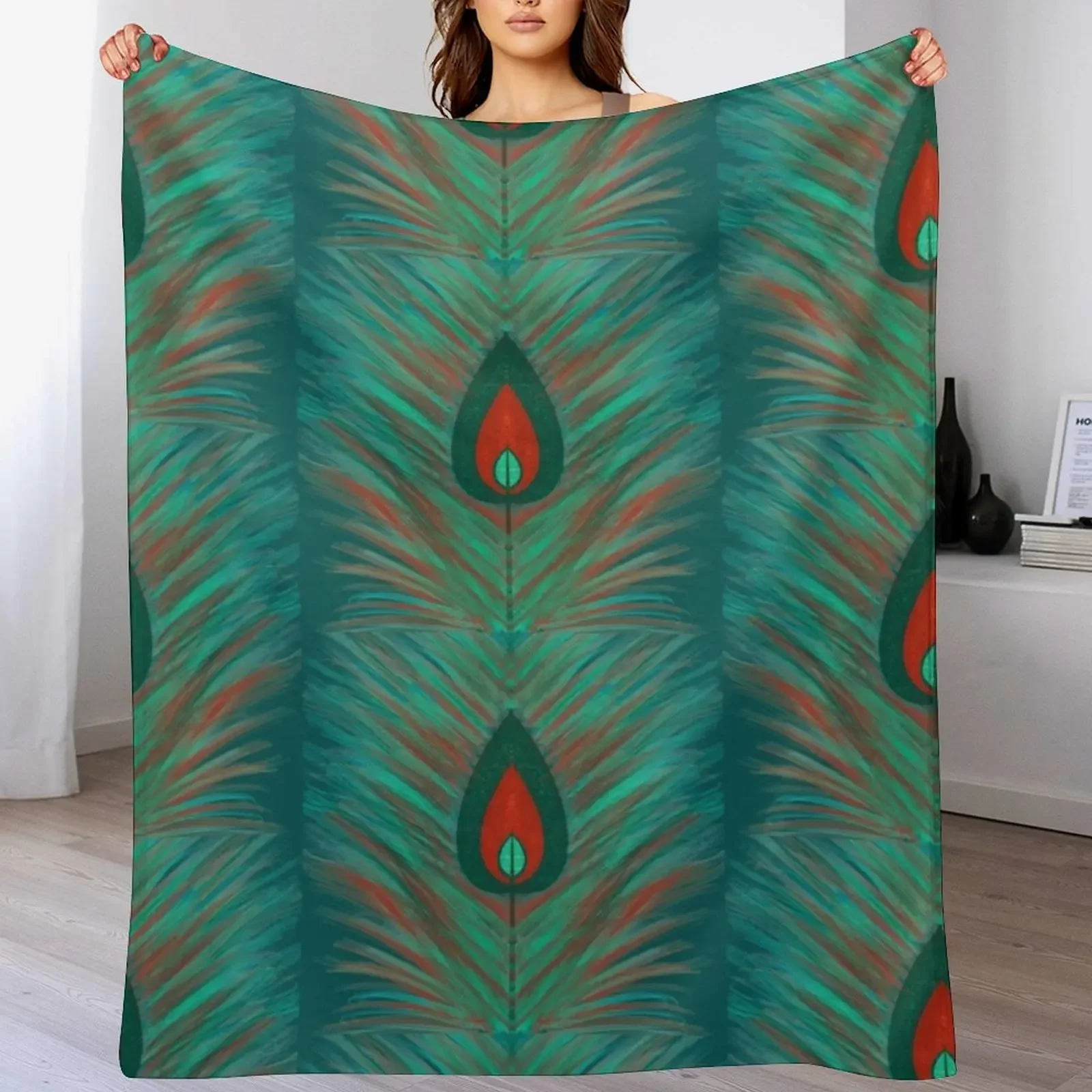 

Peacock Red and Teal Feather Art Throw Blanket for winter Travel Luxury Throw Giant Sofa Blankets