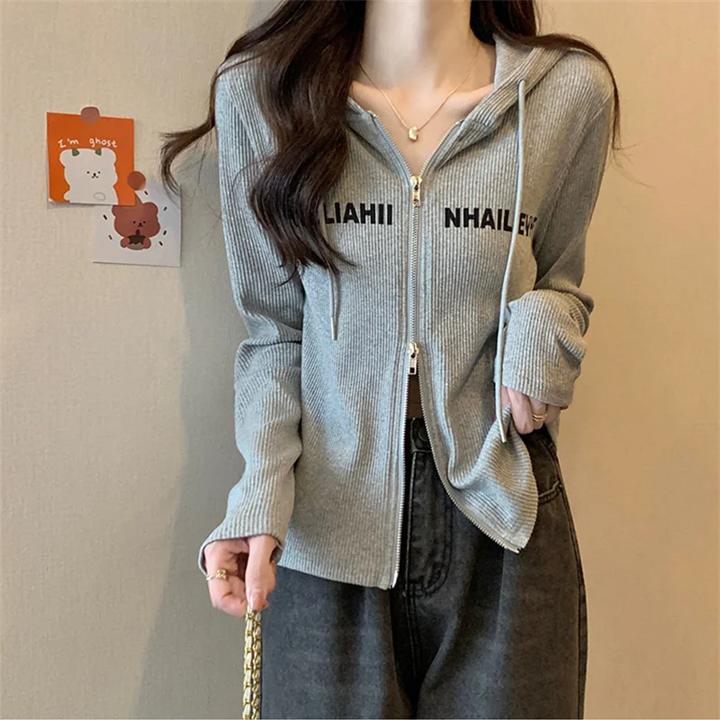 Fashion Printed Letter Casual Zipper Hooded T-Shirts Female Clothing 2024 Autumn New Loose All-match Tops Sweet Tee Shirt