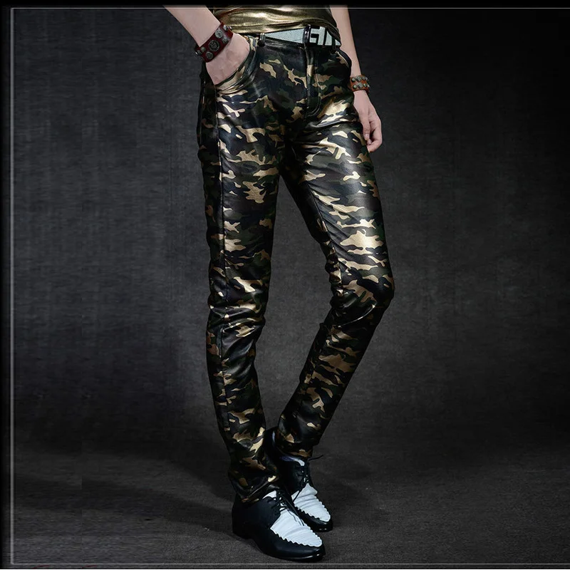 

Fit High Quality Slim Zipper Faux Leather Pants Men 2 Colors Leather Pants Men Camouflage PU Mens Leather Pants Fashion Casual