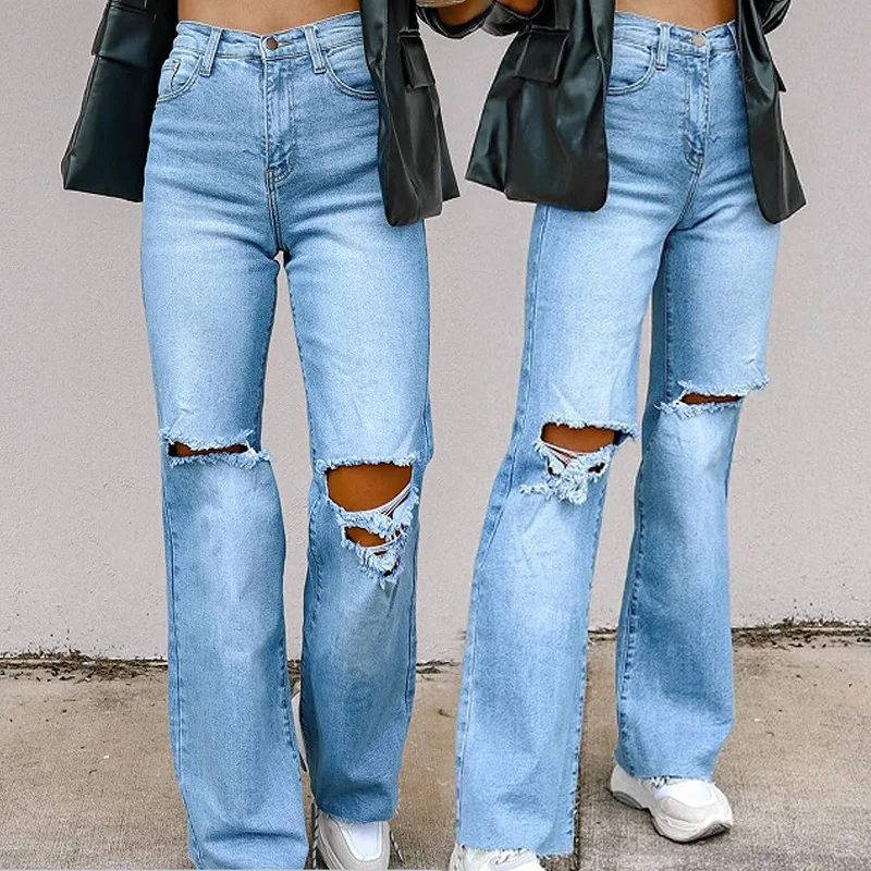 Slim Fit Ladies Jeans Cross-Border Sale Wish Bootcut Long Pants Casual Style Splice Process No Brand Natural Waist Denim Fabric