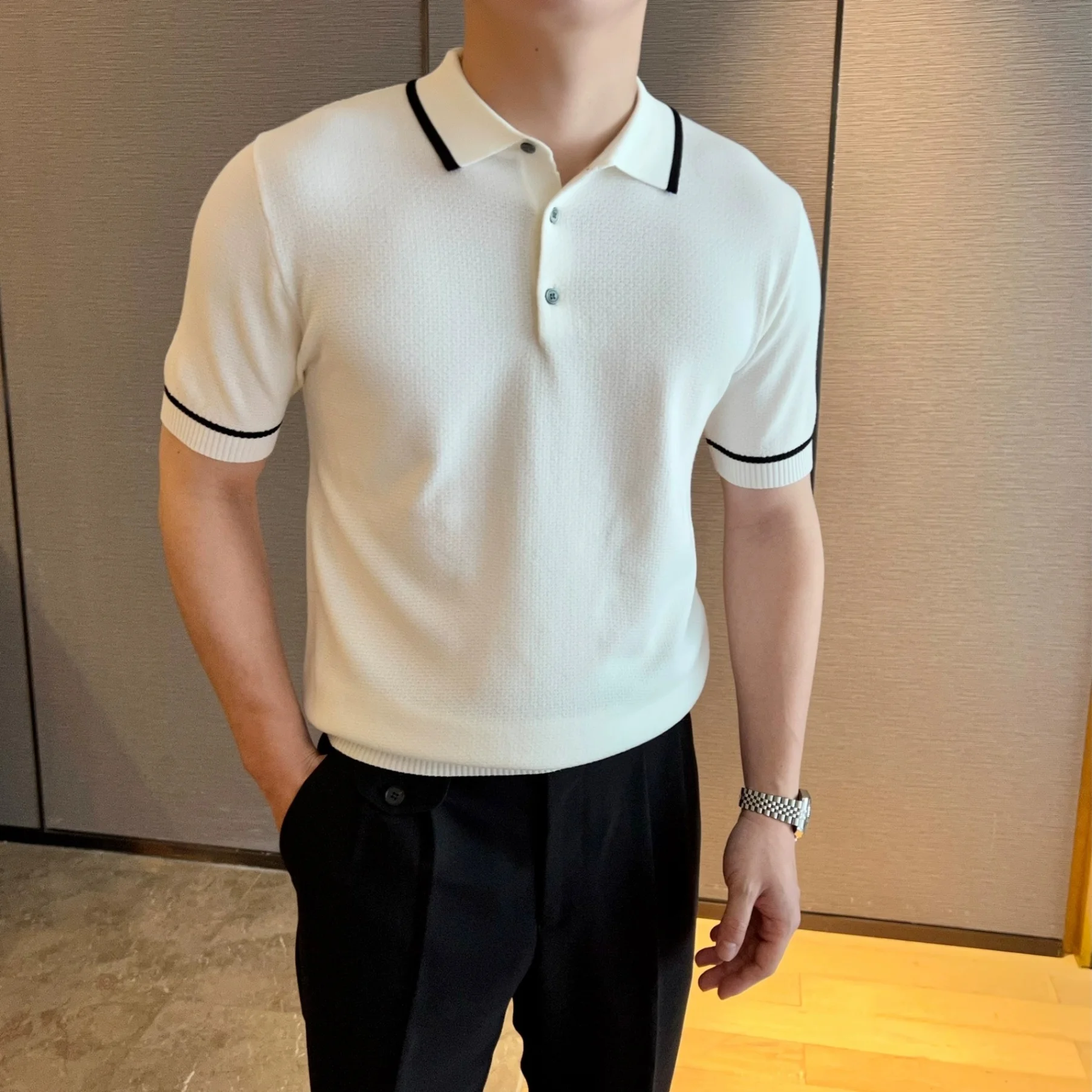 

Mens Knitted Polo Shirt Summer Casual Light Business British Style Polo Shirt Color Block Short Sleeve Mens Half Sleeve T Shirt