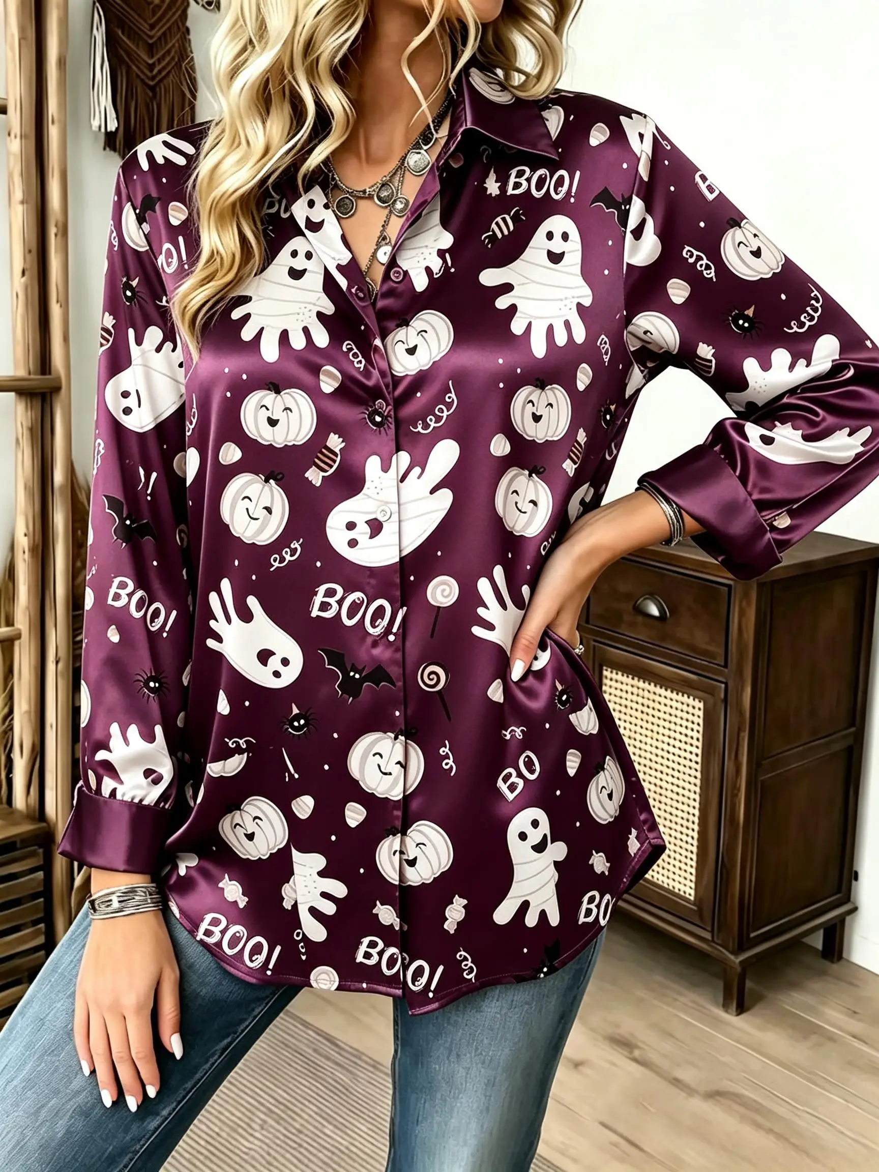 Women Lapel Long Sleeve Satin Shirt Halloween All‑Over Print Ghost Pumpkin Candy Bat Boo Letter Button‑Down Tops
