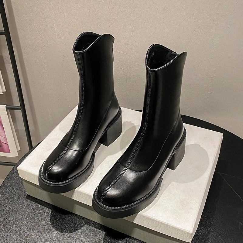 Botas cortas de tacón alto para mujer, zapatos de media pantorrilla con tacón cuadrado, novedad de otoño e invierno, 2024