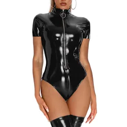 Plus Size Glossy PVC Leather Bodysuit For Women Hot Porn Breast Exposing Ladies Shiny Shaping Latex Leotard Short Sleeve Sexi