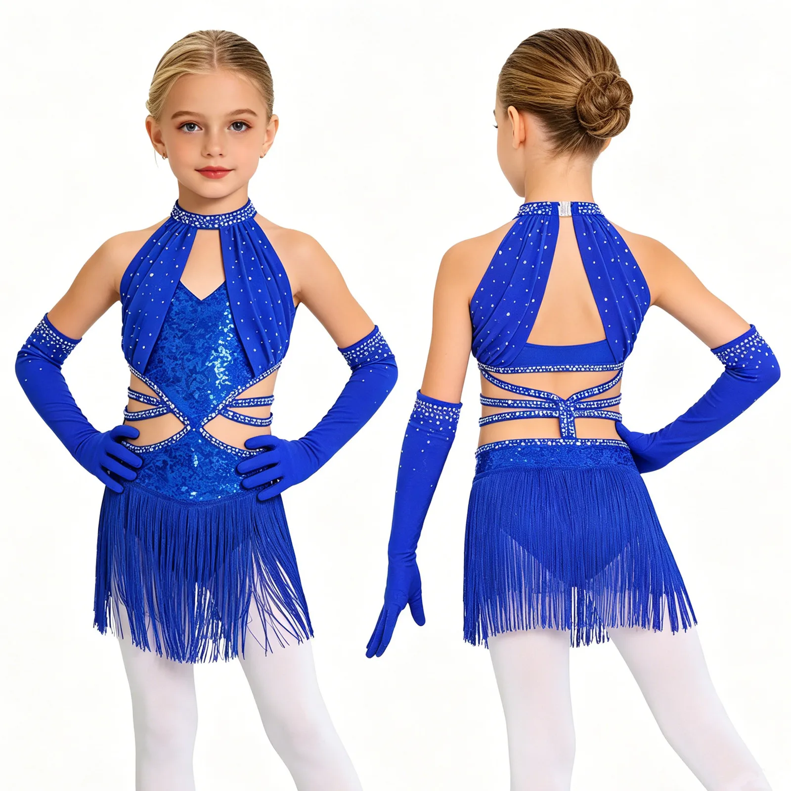 Girls Rhinestone Sequin Cutout Tassel Latin Dance Bodysuit Dress Cha-cha Samba Rumba Tango Salsa Ballroom Performance Costume