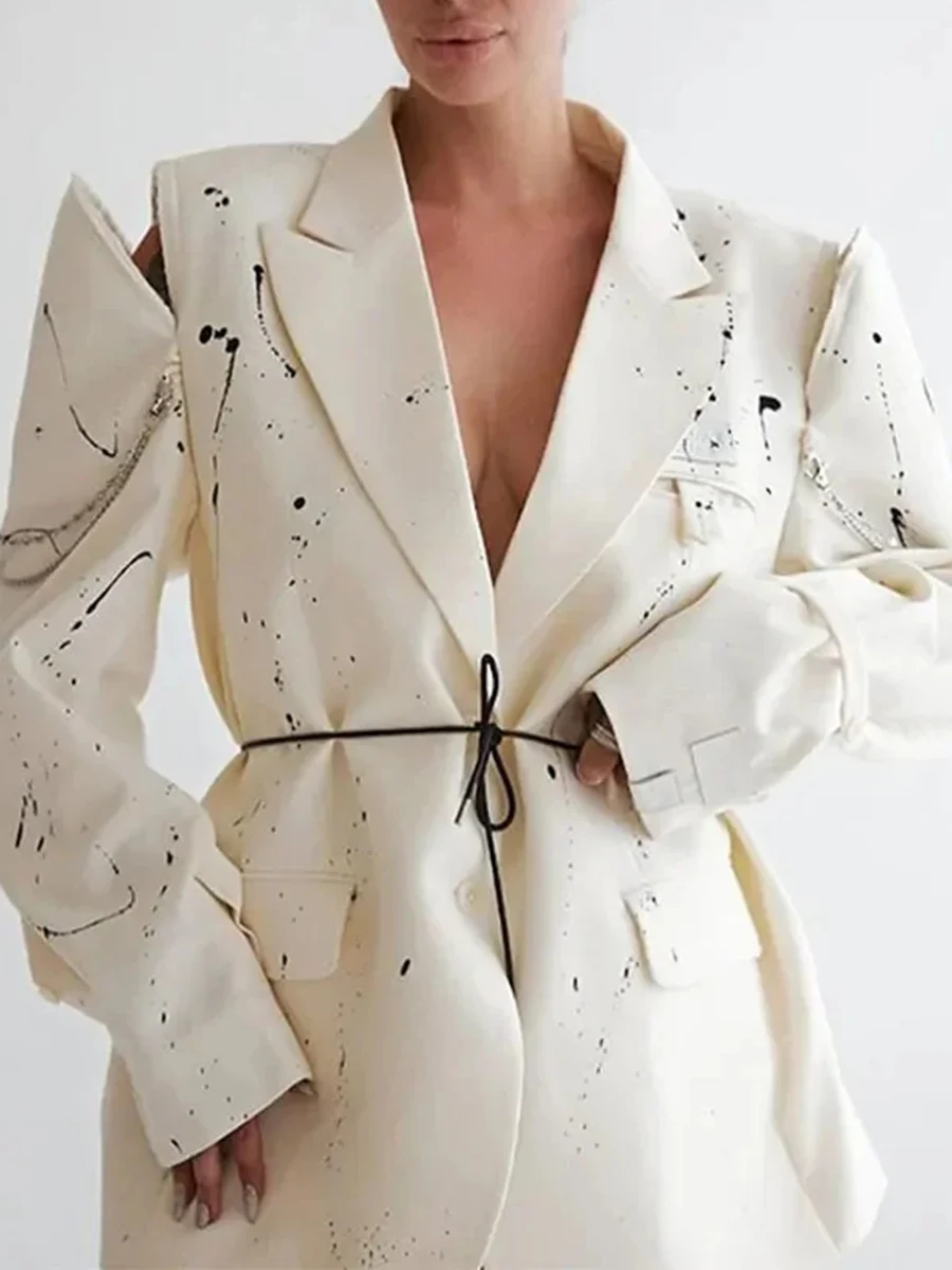 TWOTWINSTYLE Ink Splashing Print Fashion Blazer for Women Notched Collar Long Sleeve Hollow Out Design Loose Coat Female Autumn