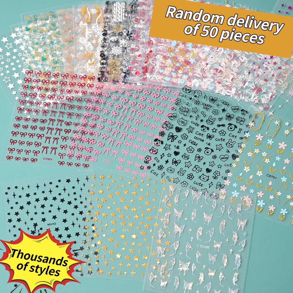 50-10pcs French/Floral/ Watercolor/Cartoon Design for DIY Nail Stickers Random Style Self-Adhesive 3D Nail Art Manicure Supplies