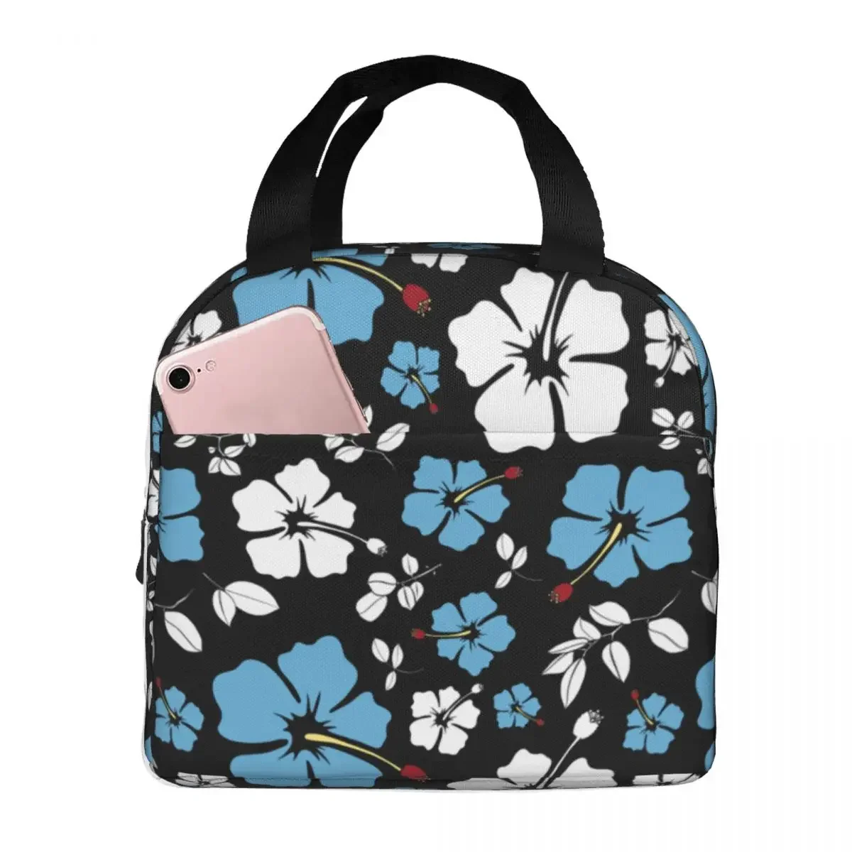 Lunch Bags for Women Kids Blue And White Hibiscus Black Insulated Cooler Waterproof School Oxford Lunch Box Food Bag