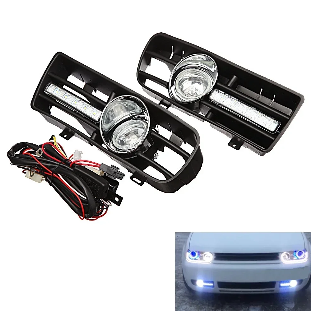 For VW GOLF MK4 1997-2006  2Pc set ar Front Bumper Headlight Sport Grill Kidney Running Lights With LED DRL Fog Lamp Accessories