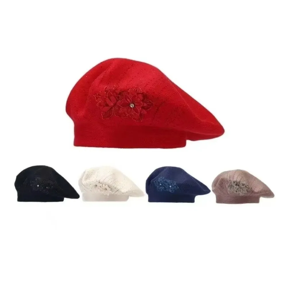 Sweet Solid Color Flower Wool Beret Rhinestone Knitted French Style Painter Cap Warm Soft Beret Hat Outdoor 2