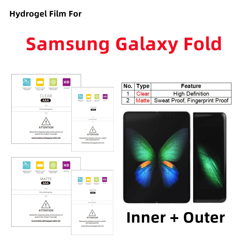 

Inner + Outer Matte Hydrogel Film For Samsung Galaxy Fold Clear Protective Film Folding Phone Galaxy Fold HD Screen Protector