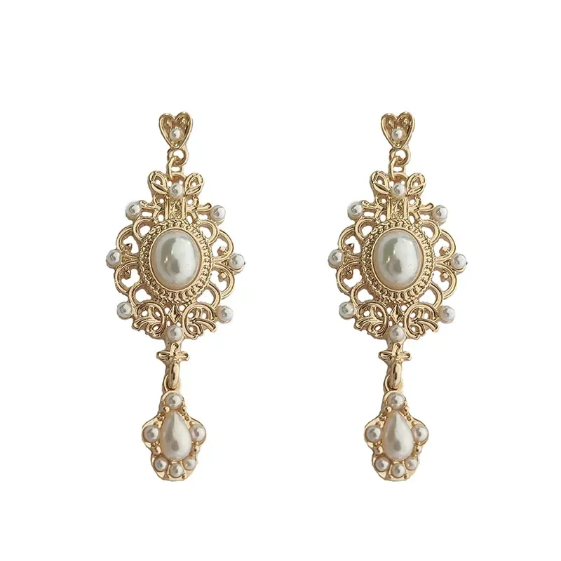 Vintage Palace Golden Pearl Hanging Earrings For Women Wedding Baroque Bohemia Fine Drop Earrings Female Elegant Jewelry Gift