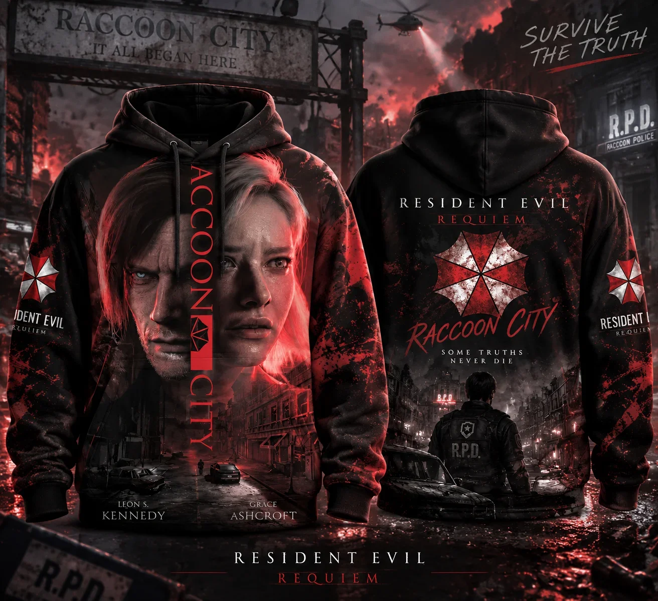 2026 Resident Evil Requiem 3D Full Print Hoodie Unisex Raccoon City Leon & Grace Portrait Streetwear Pullover