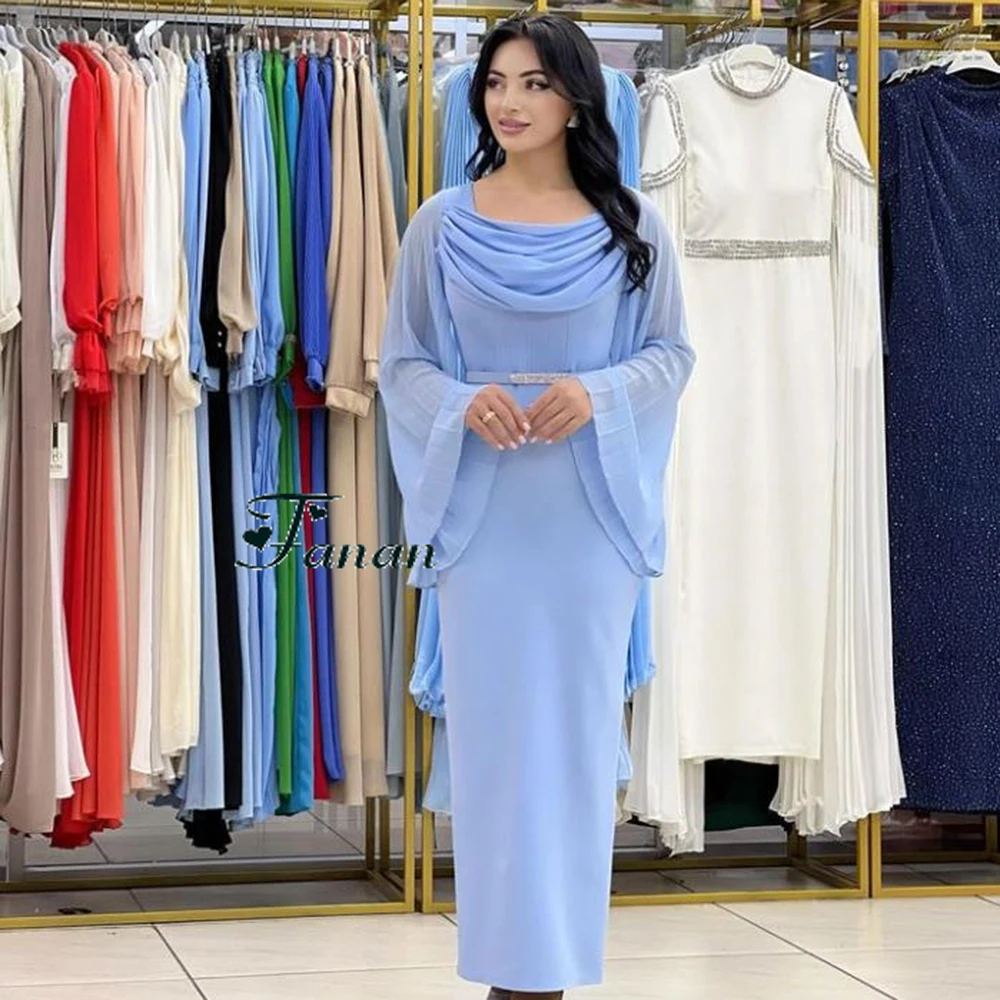 Customized Sky Blue Jersey SImple O-neck Evening Dresses Draped Chiffon Sleeves Back Low-Split Straight Ankle Length Party Dress