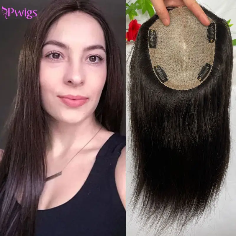 Pwigs 13x15 cm Silk Base Thin Skin Topper For Women 100%  Human Hair Piece For Women Clip In Topper Hand-made Toppee Hair System