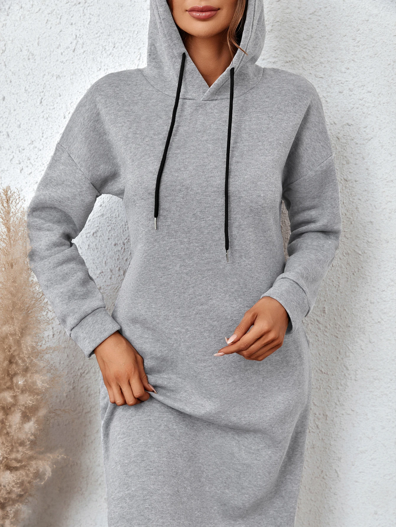 Women Drawstring Hoodie Dress Autumn Winter Loose Sweatshirt With Dropped Shoulders And Side Pockets