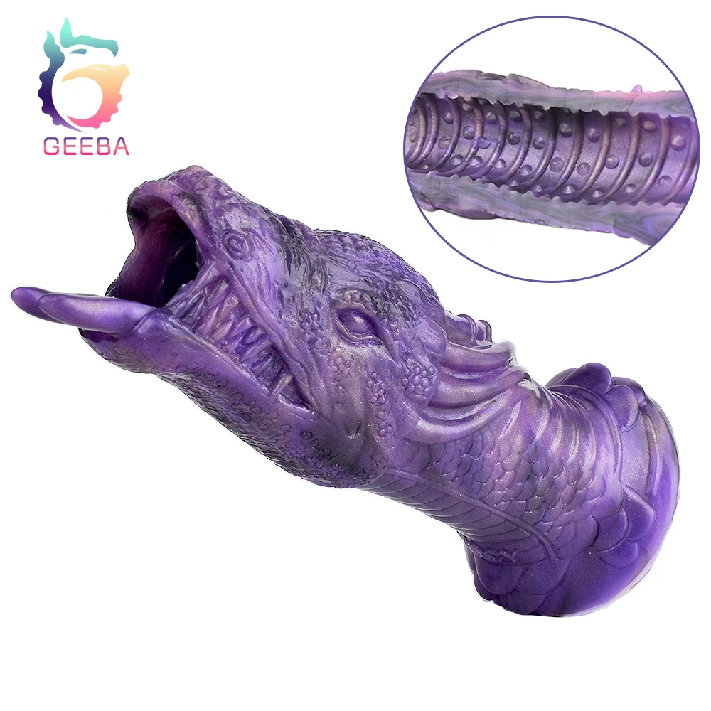 GEEBA Silicone Hollow Animal Dragon Dildo Sleeve Penis Enlargement Thickening Device Vaginal Stimulate Penis Massage Sex Toys