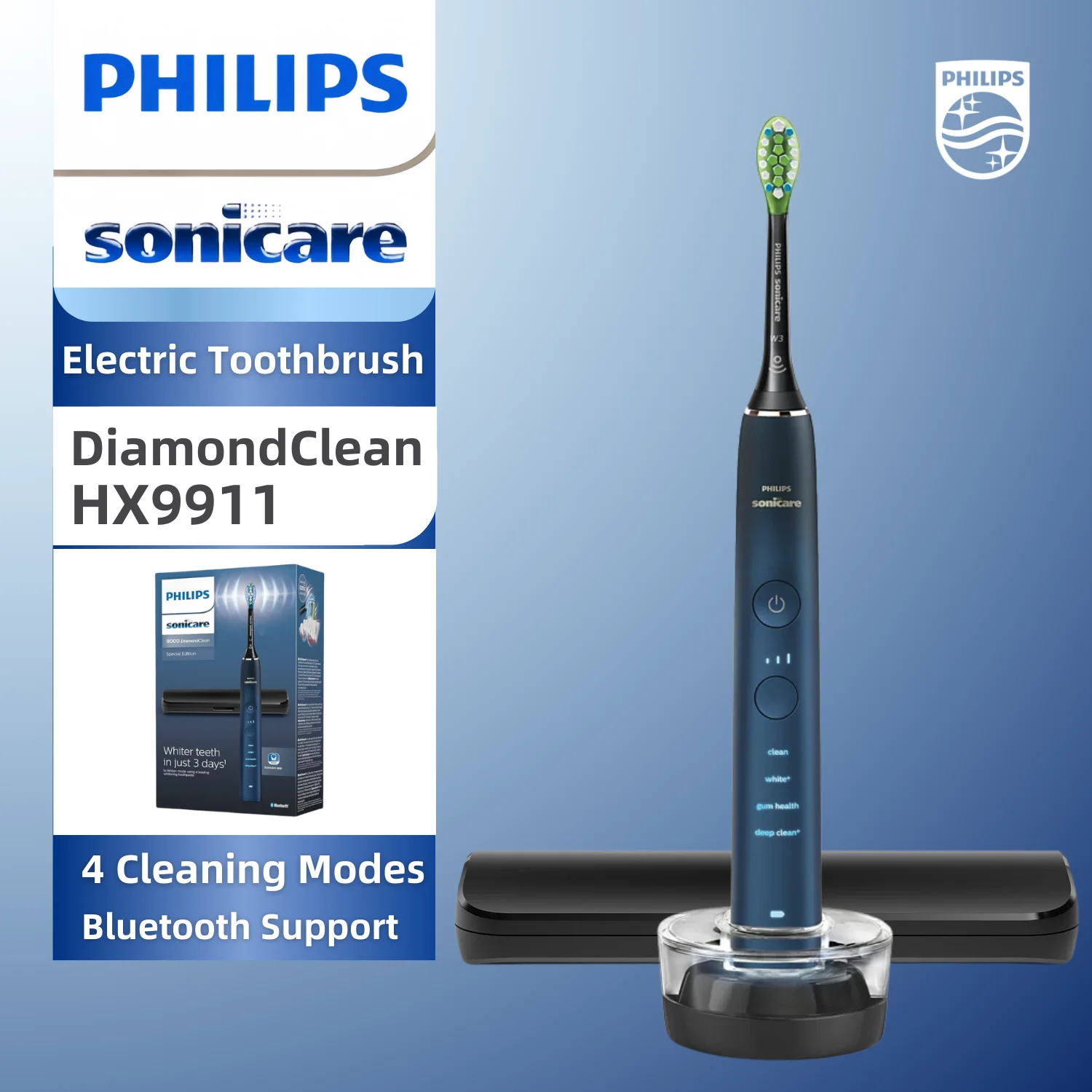 

Электрическая зубная щетка Philips Sonicare Diamond Clean 9000 HX9911, встроенный датчик давления, 4 режима, 3 интенсивности