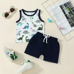 Baby Boy Summer Casual Dinosaur Pattern Color-blocked Sleeveless Vest Shorts Two-piece Set