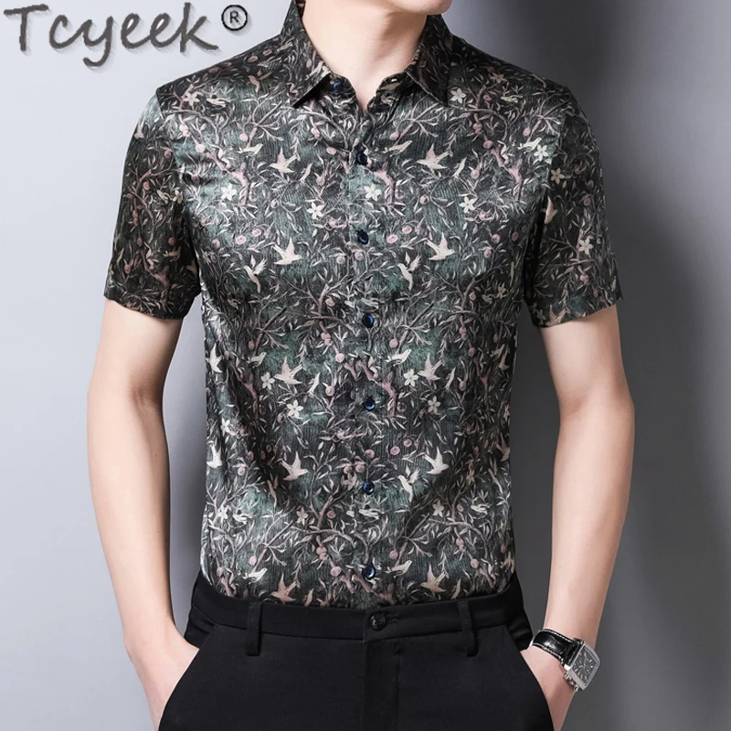 

Tcyeek High-end 92.4% Mulberry Silk Shirt Men Short Sleeve Top 2024 Summer Clothes Mens Shirts Thin Style Shirt Chemise Homme