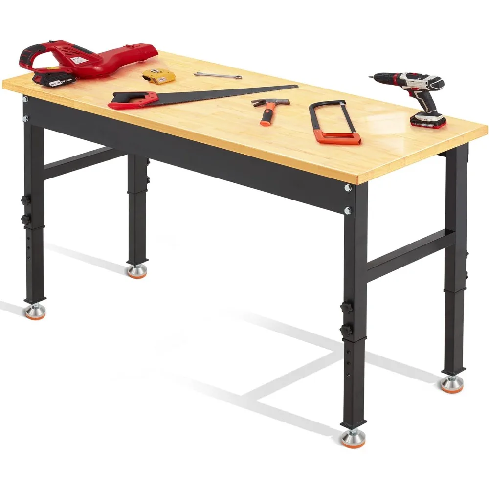 

60" Adjustable Workbench,Heavy Duty Workstation with Rubber Wood Top, 2000 LBS Load Capacity Hardwood Garage Workbench