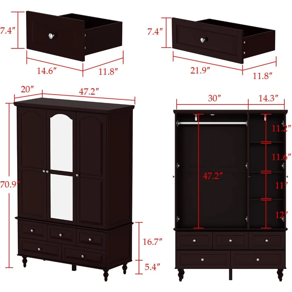 خزانة غرفة نوم بثلاثة أبواب، خزانة خشبية مع مرآة، حاجز تعليق للملابس، 4 أرفف تخزين و5 أدراج، 47 مساحة تخزين واسعة لغرفة النوم #2