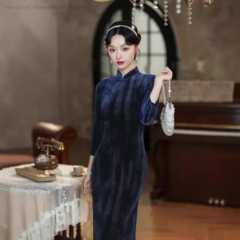 

Velvet Stripe Qipao Plus Size 4XL Dresses Elegant Chinese Cheongsam Dress Women Vintage Style Party Vestidos Oriental Retro Gown