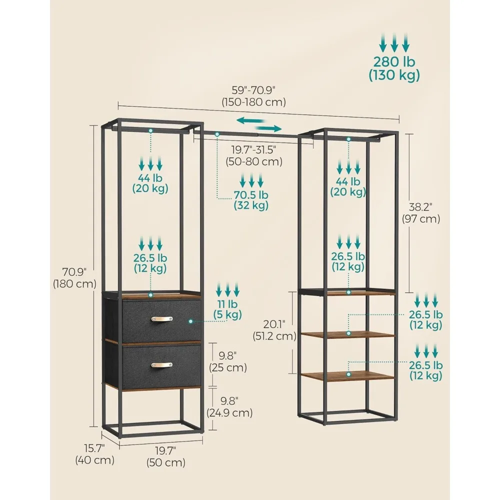 Clothes Rack, 70.9 Inch Wardrobe Freestanding Closet, Heavy Duty Garment Rack with 1 Extendable Hanging Rod, 2 Drawers Closet