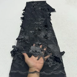 2024 Latest African 3D Flower Lace Fabric Dubai Black Beads Tulle Lace Fabric Embroidered Applique Nigerian Fabric For Sewing