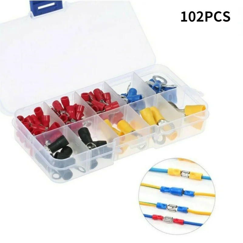 

(102pcs/lot RV) Insulated Ring Terminals Electrical Wire Crimp Connector Kit Set With Box, Copper Wire Cord Pin End Butt