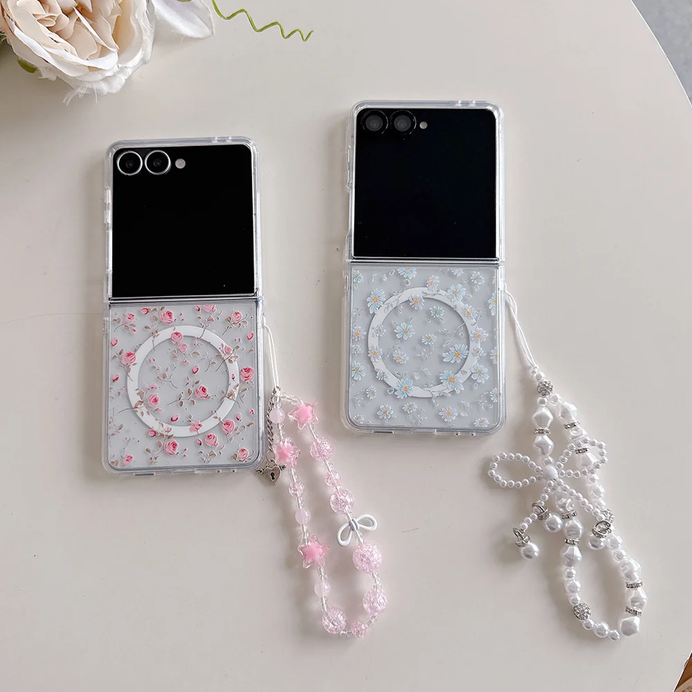 New 2026 Floral Daisy Magnetic Ring Phone Case for Samsung Galaxy Z Flip7 Flip8 Anti-drop Flip Shell for Ladies For Magsafe
