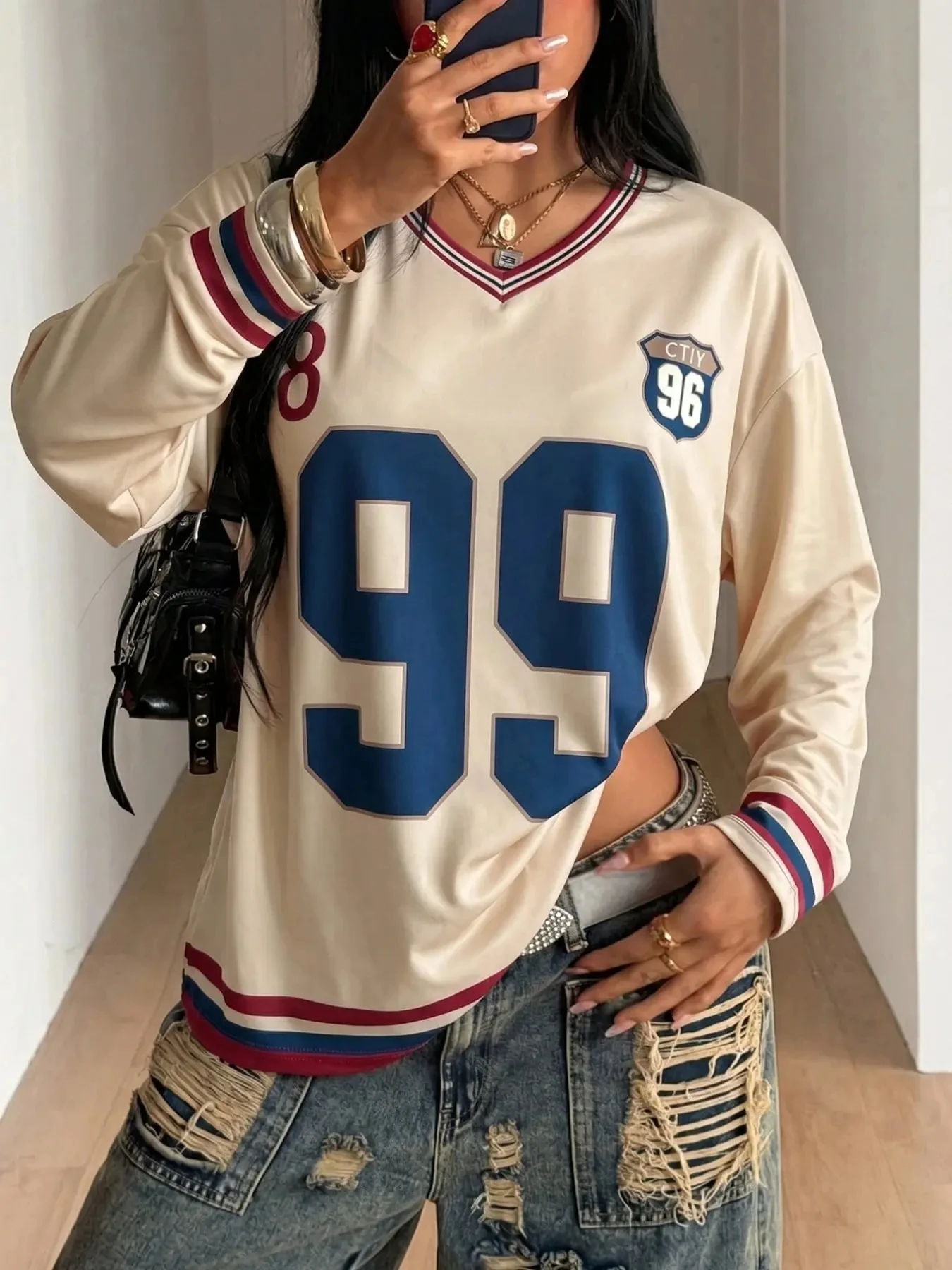 Beige Cream 99 Striped Cuff VNeck Long Sleeve Football Jersey Women Oversized Drop Shoulder Y2K Vintage Sporty Summer Casual Top