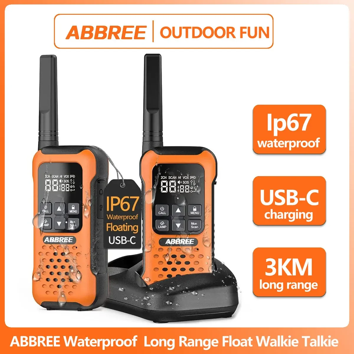 ABBREE AR-9R Mini Walkie Talkie PMR IP67 Waterproof NOAA USB For Fishing Kayaking Rechargeable BF-888S Ham Two Way Radio