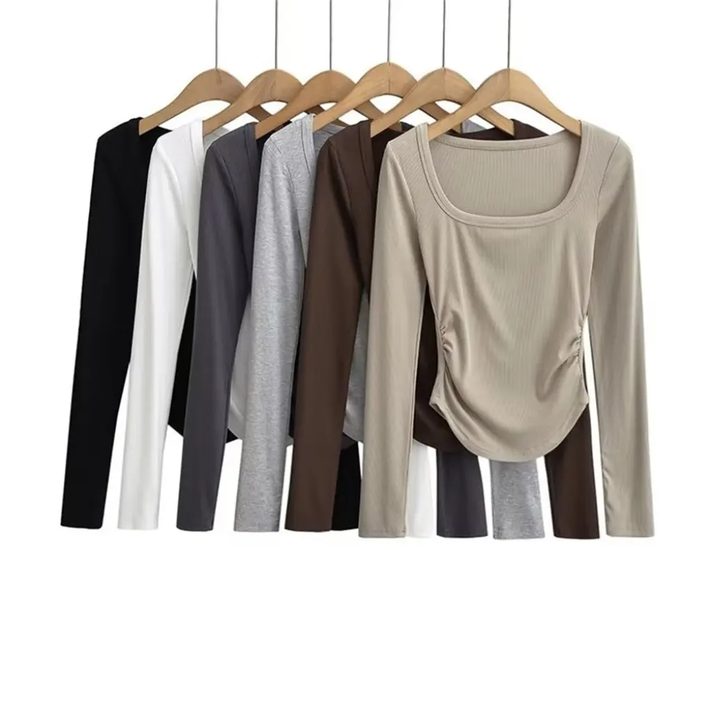 

YPFF Women's European American Style T-Shirt Sexy Square Collar Long Sleeve Slim Fit Curved Hem Bottoming Shirt