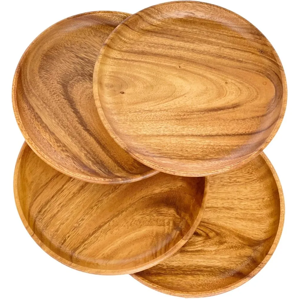 

Set of 4 Handcrafted Acacia Wooden Plates, 10" Round Rustic Dinnerware for Charcuterie, BBQ, and Farmhouse Dining