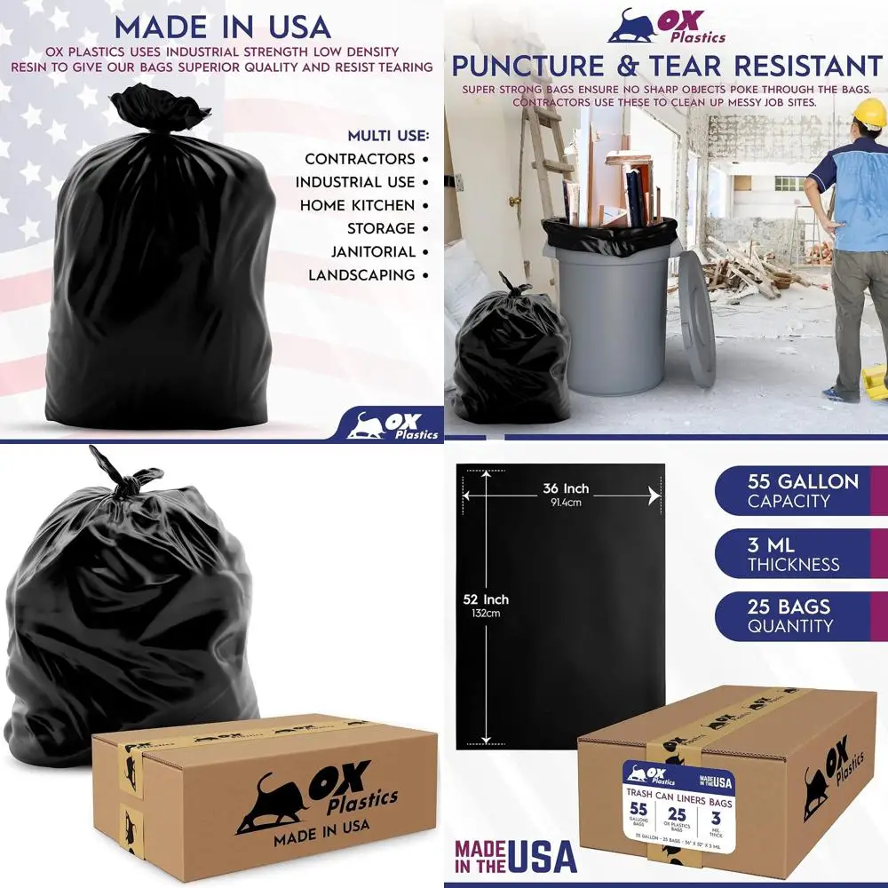 

Прочные черные мешки для мусора объемом 55 галлонов, 36x52, промышленные, для садового мусора, газонов и листьев, строительные мешки-вкладыши, 3 мил.