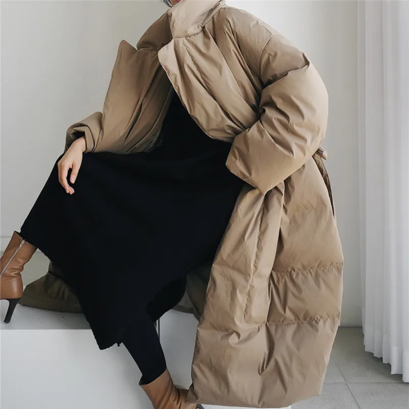 Luxury Design Women Clothing Winter Warm Long Trench Coat Belted Cotton Padded Jacket Lapel Trend Puffer Jacket Windproof Coats