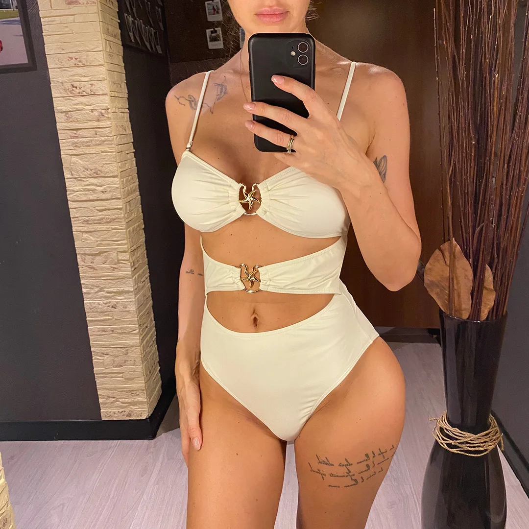 Sexy Badeanzug mit Sarong-Ausschnitt und Metallring für Damen, einteiliger Badeanzug, Damen-Badeanzug mit Knoten und hohem Beinausschnitt, Badebekleidung, Badeanzug V6277 – Detail 7