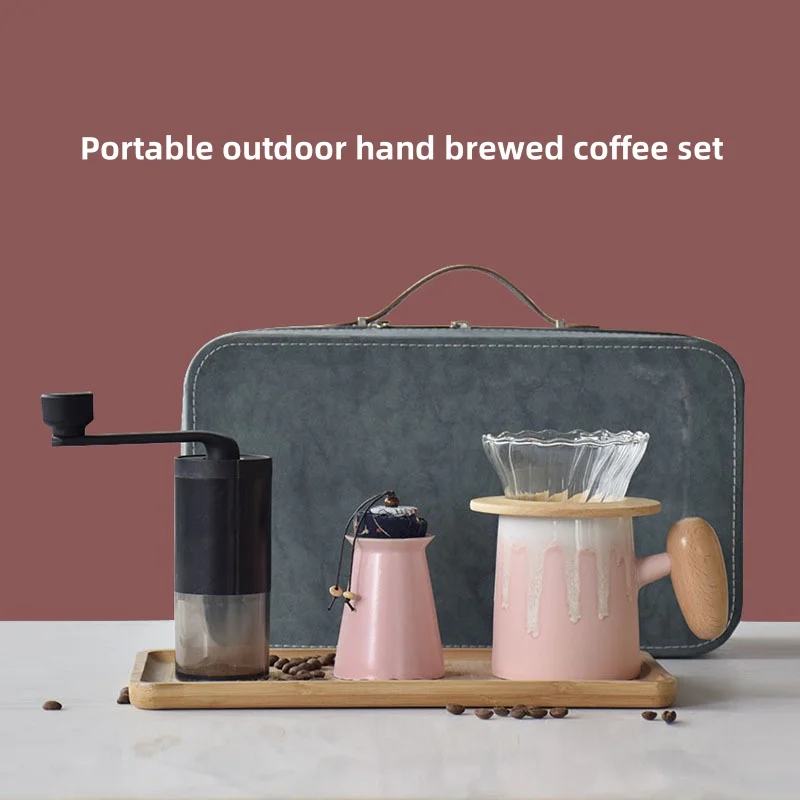 Portable Hand-brewed Drip Coffee Cup Coffee Pot Hand-cranked Bean Grinder Coffee Gift Box Set Suitable for Outdoor Camping