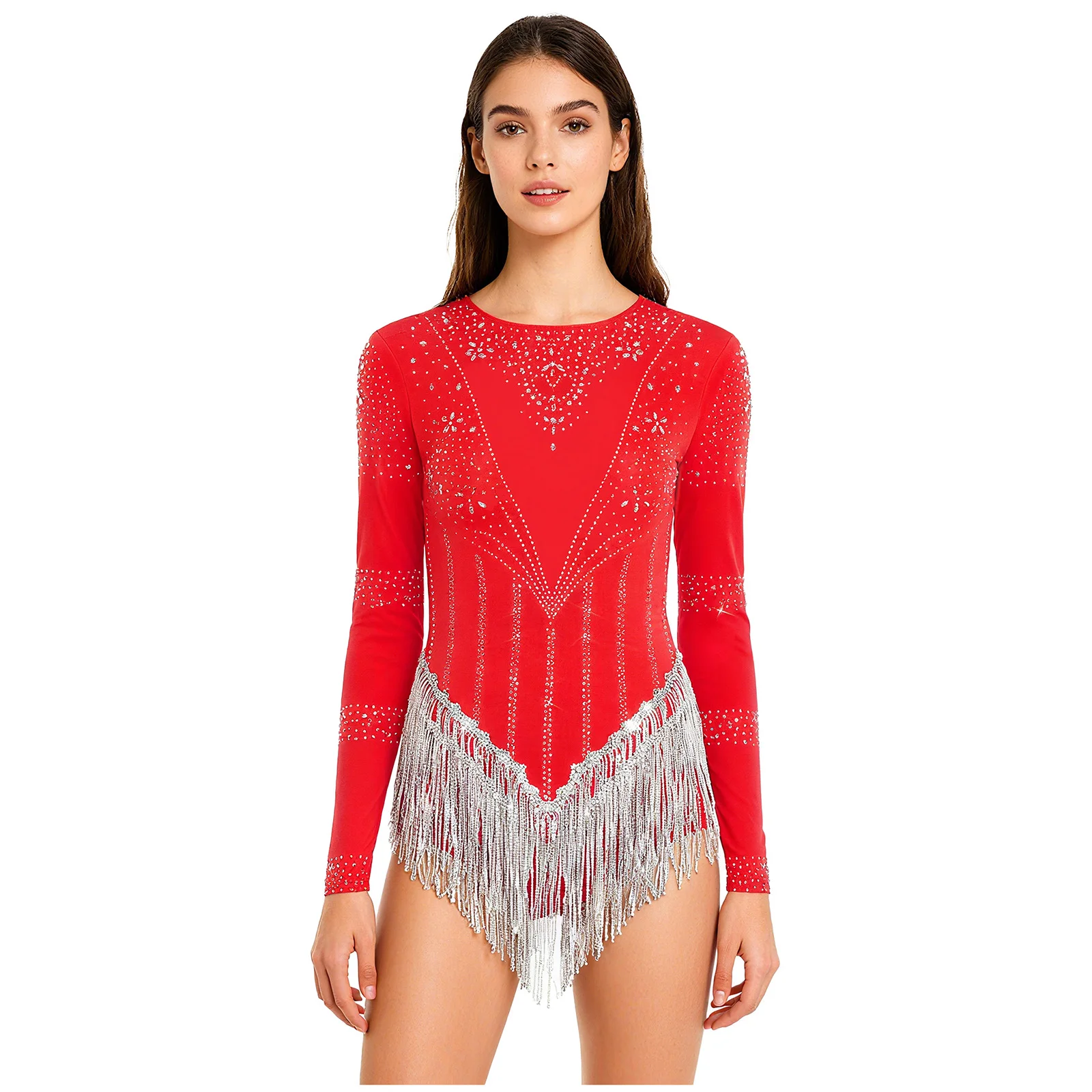 بدلة رقص لاتينية للسيدات لامعة مرصعة بأحجار الراين وشرابات ترتر للتزلج على الجليد يوتار تشا تشا تانجو سامبا رومبا زي قاعة الرقص