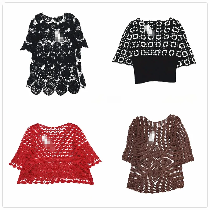 

Retro Handmade Embroidered Double Layer Hollow out Pure Color Four Season Luxury Floral Mixed Knitted Sweater Summer 2024