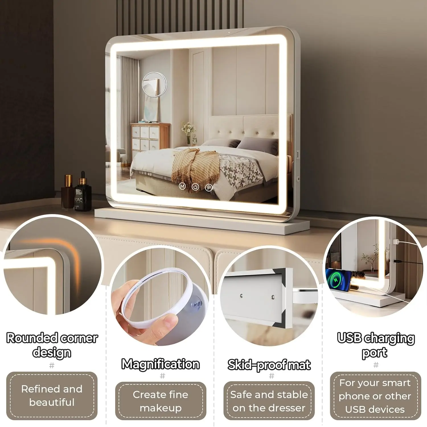 23 Inch Large Makeup Mirror with LED Lights, Smart Touch Dimmable 3-Color Light, Memory Function, USB Charging Port