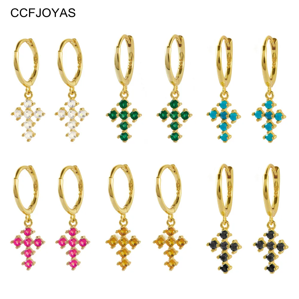 

CCFJOYAS 925 Sterling Silver White/Black/Green/Rose red Zircon Cross Hoop Earrings for Women French INS Luxury Earrings Jewelry