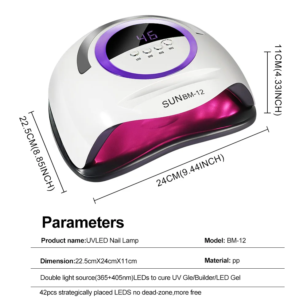 UV ランププロフェッショナル高速ネイルドライヤーネイルジェル硬化用 4 タイマーポータブルハンドル、自動センサー 42 ライトビーズ SUN BM12