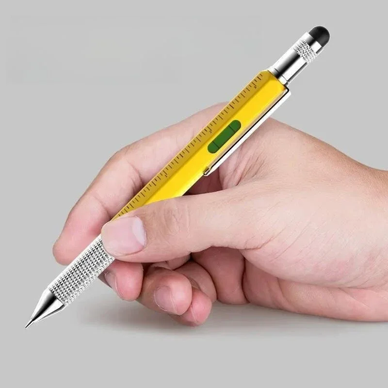 6 In 1 Multifunctional Tool Pen Scale Level Gauge Screwdriver Capacitor Head Handwriting Rotary Metal Tool Smooth Ballpoint Pen