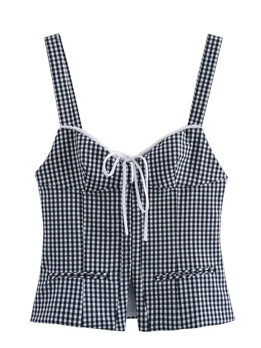 Women s Tie-up Plaid Vest V Neck Sleeveless Gingham Tank Tops Vintage Camisole Summer Going Out Streetwear