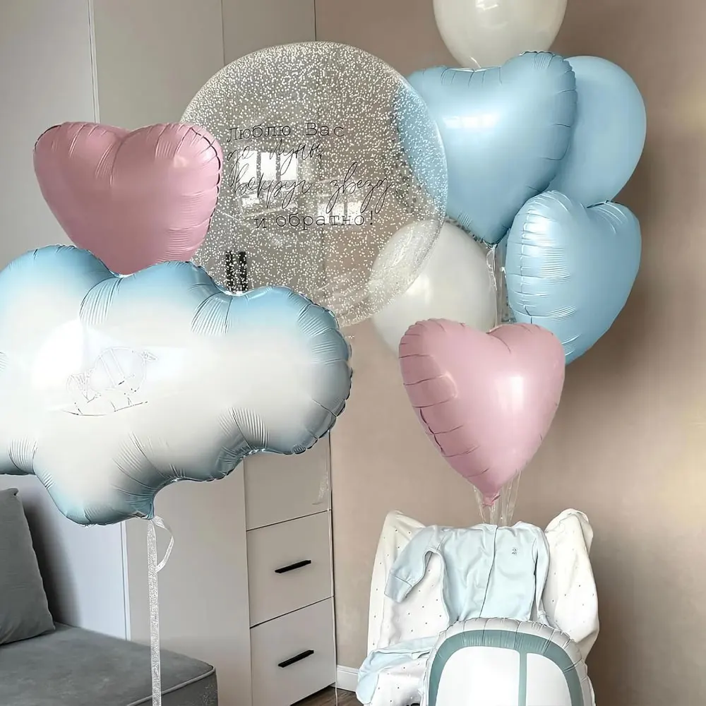 12Pcs Blue Pink Heart Balloons Pastel Baby Pink Blue Beige Foil Helium Balloon for Baby Shower Gender Reveal Twin Birthday Decor